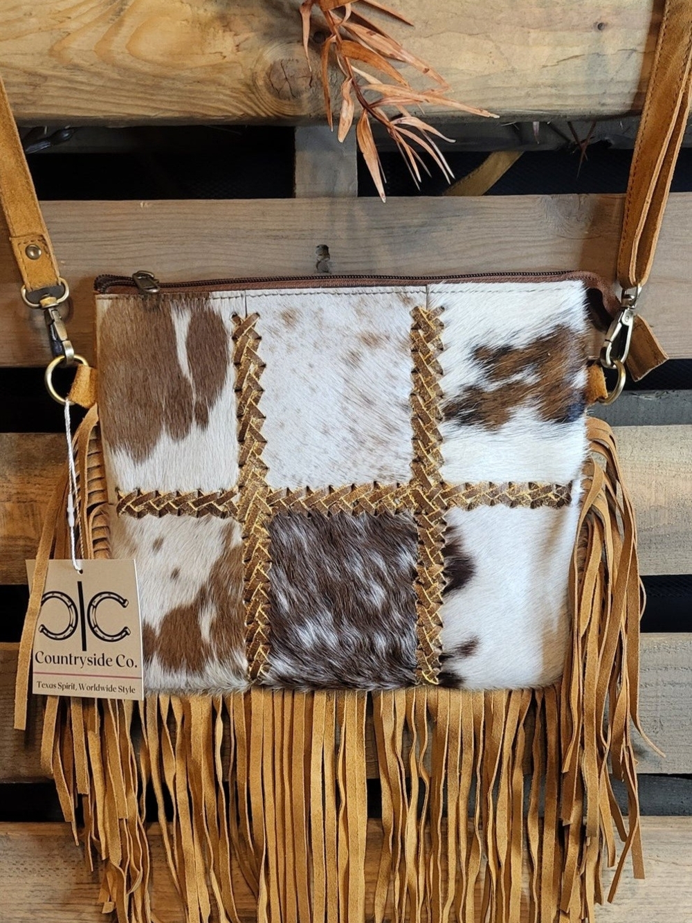 Chesney Patchwork Cowhide Fringe Crossbody Bag - Picture 5 of 9